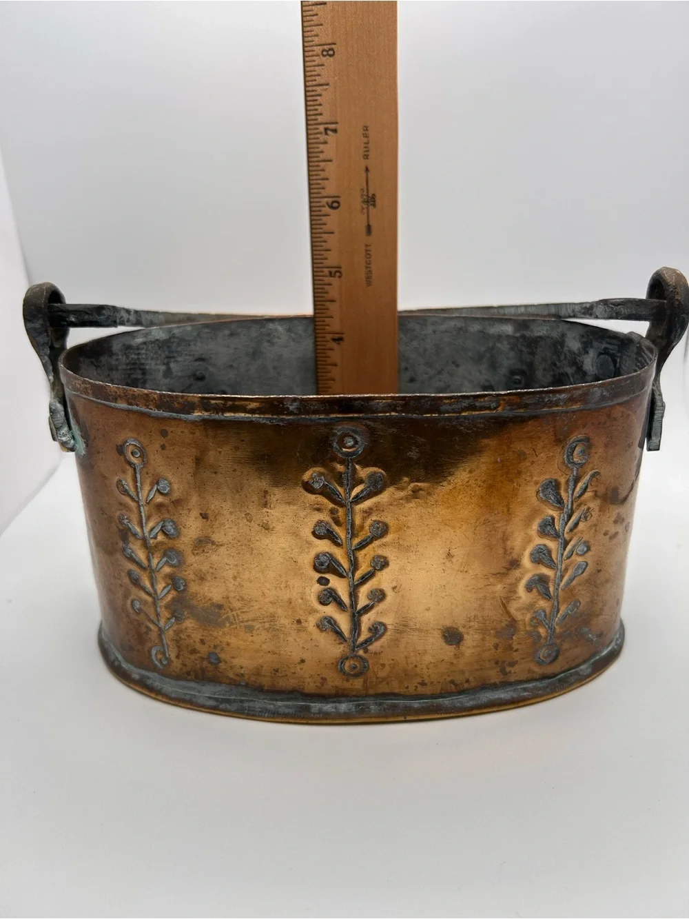 Vintage Brass Copper Handle Pot Engraved Beautiful Patina